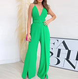  Woman Long Jumpsuits Elegant Sexy Suspender V-Neck High Waisted Slit Wide Leg Pants Jumpsuit New Fashion Casual One Pieces