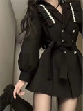 Nukty Korean Black Blazer Dresses for Women Fashion Elegant Chic Double Breasted Lantern Sleeve A-line Autumn Casual Mini Dress New