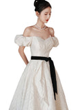 Nukty DRESS TO IMPRESS White Satin Jacquard Evening Dress French Off Shoulder Quinceanera Dresses Elegant Slim  Lace Up Bow Wedding  Party Gown