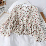 Nukty  Blouses Women Temperament V Neck Floral Print Sweet Small Fresh Long Sleeves Chiffon Shirt Autumn All-match Short Crop Top