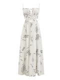 Nukty White Graffiti Print Sweet Sexy Hollow Out V Neck Tassel Sleeveless Evening Dress Women Summer Backless Maxi Dresses A2779