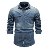 Nukty Cotton Men Denim Shirts Striped Stretch Long Sleeve High Quality Jeans Shirts for Men Casual Slim Cowboy Shirts Man