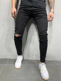 Nukty Distressed Knee Holes Elastic Skinny Jeans Men Ripped Biker Denim Pants Solid Washed Streetwear Black Pantalones Hombre Joggers