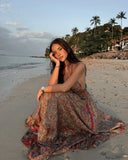 Nukty Vintage Print Backless V-neck Maxi Dress For Women High Waist Ruffles Loose Maxi Dresses New Vocation Beach Sexy Vestidos