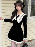 Nukty Y2K Sweet Velvet Womens Dresses French Patchwork Princess Flare Long Sleeves Birthday Party Mini Dress Female Short Vestidos New
