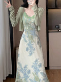 Nukty Fashion Spring Summer Two Piece Set Women Cardigan Short Top + Retro Jacquard Spaghetti Straps Midi Dress Elegant Party Suits