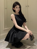 Nukty Sweet Black Backless Mini Dress French Sexy Chic Sleeveless Evening Party Dresses High Waist Pleated A-Line Short Vestidos Gown