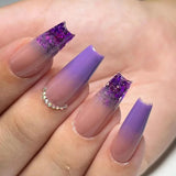 Nukty 24pcs Long Coffin Purple False Nails Ballet Simple Glitter with Glue French Design Wearable Fake Nails Artificial Nail Tips