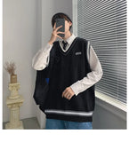Nukty Autumn Knitted Sweater Vest Men Teens Lazy Striped Harajuku V-neck Preppy Style All-match Streetwear Couples Knitwear Fashion