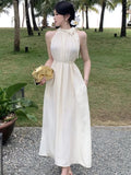 Nukty Summer Spring French Halter Womens Dresses Elegant Off Shoulder Birthday Party Midi Dress Female Holiday Loose Casual Vestidos