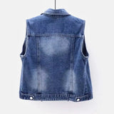 Nukty Denim Women Vest Luxury Pearls Fashion Ripped Autumn Plus Size Jeans Jacket Sleeveless Loose Short Coat Causal Waistcoats