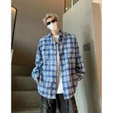 Nukty Men Shirt Plaid Tie-dye Long Sleeve Mens Casual Loose Shirt Autumn High Quality Oversized Male Checked Shirt Red/Blue/Gray