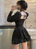 Nukty Black Vintage 3 Piece Skirt Set Women Sexy Lolita Y2k Mini Skirt Suit Female Casual Korean Fashion Long Sleeve Retro Set