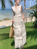Nukty Elegant Hollow Out Womens Dresses French V-neck Sleeveless Party Long Dress Summer Spring Slim Waist A-line Beach Vestidos New
