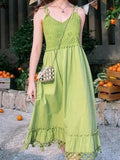 Nukty Summer Green Bohemain Patchwork Vintage Sling Dresses For Woman V-Neck Sleeveless Hollowed Style Dress Travel Beach New