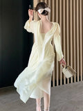 Nukty Elegant Long Sleeve Evening Dresses for Women Spring Slim Lace Up A-Line Party Prom Casual Dress Fashion French Female Clothing