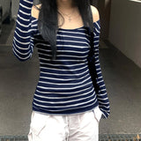 Nukty  Sexy Off Shoulder Long-Sleeve Women T Shirt Vintage Stripes Slim All-Match Tops Y2K Spring Korean Streetwear Casual Female Tees