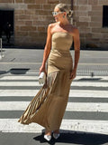 Nukty Women Solid Pleated  Hem Patchwork Long Dress Fashion Backless Strapless Sleeveless Slim Maxi Dresses Sexy Vocation Streetwear