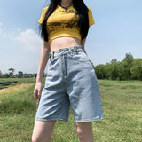 Nukty Summer New Korea Fashion Loose Women Jeans Shorts Purple Pink High Waist Straight Pockets Female Wide Short Pants