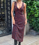Nukty Floral Print Deep V-Neck Slip Elegant Women Autumn Maxi Dress Fashion Sexy Backless Slim Long Dresses New