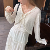 Nukty Korean Ruffles Knitted Cardigan Women Spring Summer Lace Up Cropped Cardigans Woman Korean Solid Color Sun-Protection Shirts