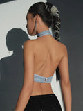 Nukty  Sexy Backless Halter Tops Women Summer Blue Bright Silk Female Camis Y2K Fashion Lace-Up Slim Ruched Crop Vests