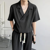Nukty Summer Pleated Sets Men Fashion Casual Short Sleeved T shirt/Trousers Two-piece Mens Korean Loose Ice Silk Sets Men 3-color