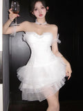 Nukty French Elegant White Mini Women's Cake Dresses Slash-Neck Strapless Mesh Sexy Dress Prom Female Clothes New Spring Summer 2025