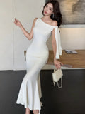 Nukty Summer Solid Mermaid Long Dresses for Women French Fashion Diagonal Collar Bodycon Party Dress Slim Vestidos Female Clothing New