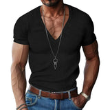 Nukty Men's Corduroy T European and American Summer Men's Clothing V-neck Solid Color Slim Fit Casual T-shirt Short Sleeved Top