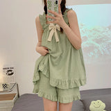  Ladies 2-Piece Set Of Halter Nightgown Female Summer Bubble Cotton Princess Style Sweet And Cute Loose Homewear Suit Leisurewear