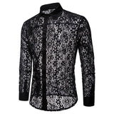 Nukty  Black White Lace Mens Shirts Long Sleeve Sexy Thin Hollow Out See Through Clothes Party Night Club Dance Streetwear Shirts