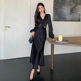 Nukty Autumn Satin Long Dresses for Women Long Sleeve Slim Mermaid Dress Vintage Solid Wedding Party Prom Robe Lace Up Vestidos Mujer