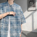 Nukty Vintage Blue Loose Plaid Men'S Shirt Fashion Tie-dye Printed Lapel Short Sleeve Men Shirts Blouses Tops Male Clothing 5XL-M