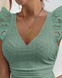 Nukty New Fashion Summer Casual Sexy V-Neck Flutter Sleeve Eyelet Embroidery Lace Patch Skinny Tank Top