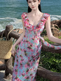 Nukty French Print Ruffles Princess Romantic Fairy Women's Dresses V-Neck Sleeeless Slim Wasit Length Dress Beach Vacation Summer
