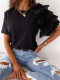 Nukty Women Summer Ruffles Short Sleeve Loose T Shirt Chic Elegant Solid O Neck Tops Casual Simple All Match Tee Streetwear Blouse