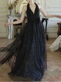 Nukty French Elegant Black Midi Women's Evening Dresses Mesh V-Neck Backless Halter Sequin Vestidos Spring Summer Prom Female Clothes