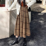 Nukty Autumn Winter Woolen Plaid Skirt for Women Vintage High Waist Midi Skirts Woman A-Line Pleated Long Skirts Female