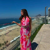 Nukty Elegant Flower Print V-neck Pleated Maxi Dress Women Sexy Backless Sleeveless Slim Robes Casual Vocation Beach Party Vestidos