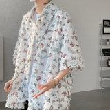 Nukty Summer Butterfly Tassel Splice Shirt Men Loose Casual Floral Short Sleeve Shirts Women Oversize Streetwear Boy Girl Blouses