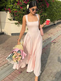 Nukty Women Fashion Pink Pleated Hem Maxi Dress Elegant Square Neck High Waist Long Robes Summer New Elegant High Streetwear