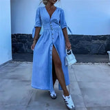 Nukty Women Deep V Neck Single-breasted Cardigan Thin Denim Dresses Lace-up Half Sleeve Dress Casual Fashion Female High Waist Gown