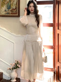 Nukty Elegant Chic French Pleated Solid Dresses New Puff Sleeves Slim Wasit Midi Women's Dresses Party Prom Female Clothes Mujer