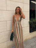 Nukty Women Colorful Printing Crochet Knit Long Dress Sexy Deep V-neck Backless Sleeveless Bodycon Robe Lady Vocation Dresses