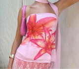 Nukty Holiday Floral Print Tube Top with Scarf Fairycore y2k Strapless Cropped Tops Women Summer Casual Vest Elegant Aesthetic