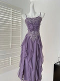 Nukty Women Elegant Sexy Romantic Style Purple Off Apricot Strap Ruffles Floral Long Midi Dress Birthday Party Luxury Designer New
