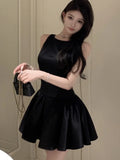 Nukty Sweet Black Backless Mini Dress French Sexy Chic Sleeveless Evening Party Dresses High Waist Pleated A-Line Short Vestidos Gown