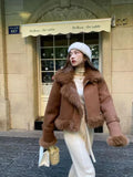 Nukty Winter Coat Women Faux Deerskin Leather Fur Jacket Fashion Streetwear Lapel Short Motorcycle Biker Coats Outwear Mujer Tops