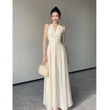 Nukty Elegant Backless Sexy Club Pleated Vest Long Dresses Women Black High Waist Beige V Nec Vacation Slim Party Evening Dress Summer